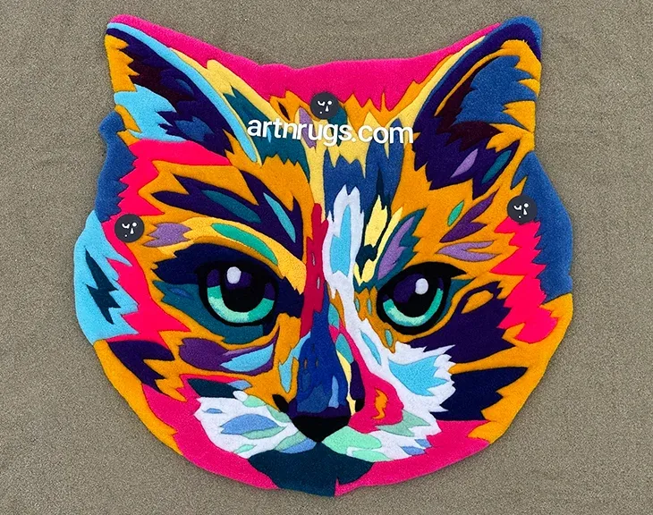 Multicolour cat portrait rug laid on grey carpet.