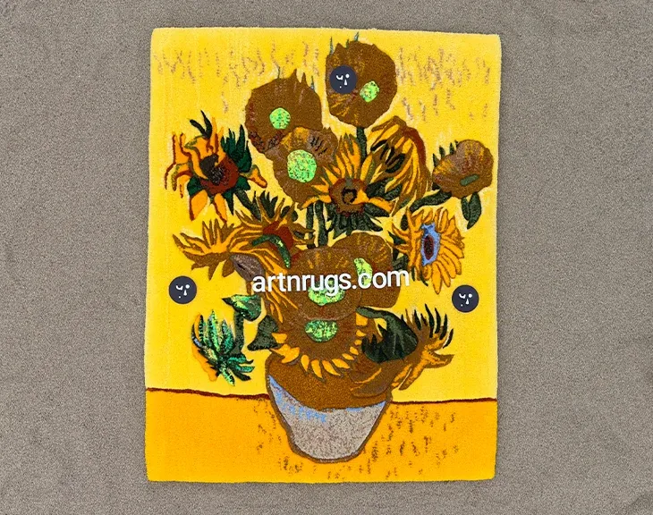 Yellow Sunflowers rug laid on grey carpet.