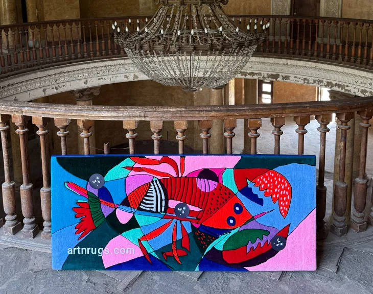 Kseniia Derr holding the large cubist lobster wall rug.