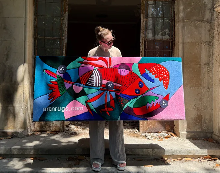 Cubist lobster wall rug in red, blue, green and pink on a stone staircase.