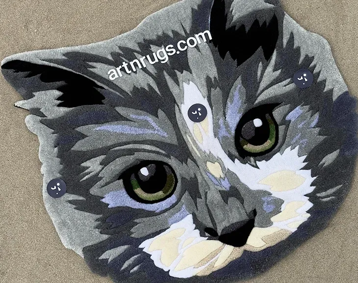 Angled view of the gray cat portrait rug on a gray carpet.
