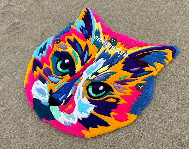 Close-up of the cat portrait rug in pink, blue, yellow and green yarn.