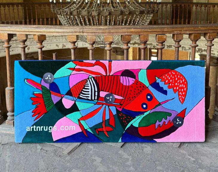 Cubist lobster wall rug displayed beneath a carved stone arch.