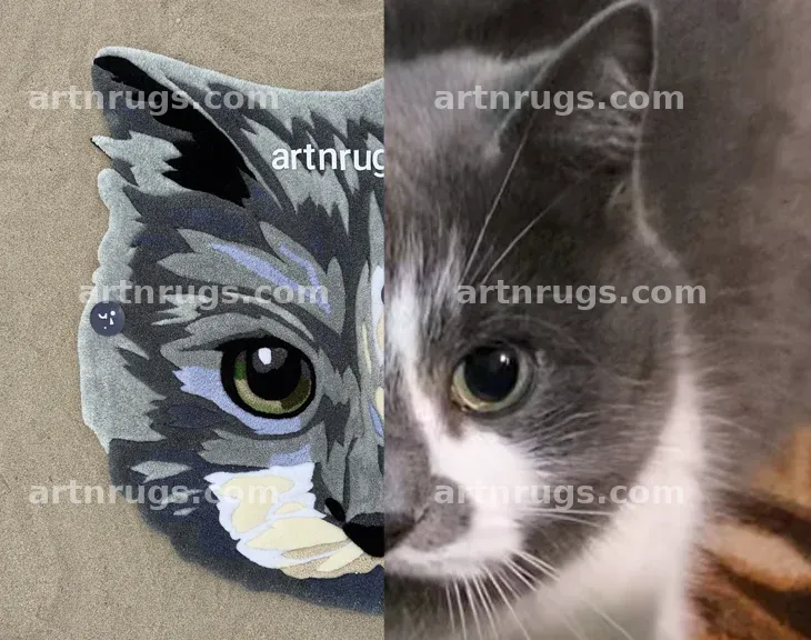Custom pet rug beside the photo it was made from: Hruma’s finished gray cat portrait next to the source photograph, shown as a watermarked split view.