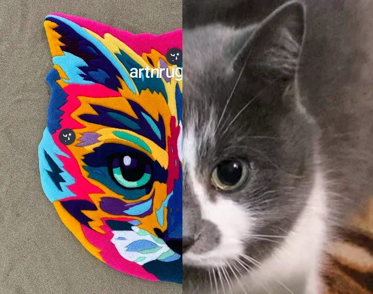 Split comparison of Hruma's original photograph and the finished multicolor cat portrait rug.