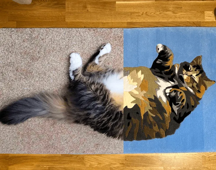A full-body cat portrait shown half as tufted rug, half as the source photograph on a blue background