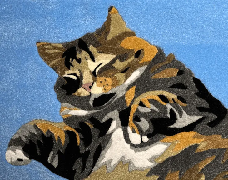 Close-up of grey, brown and cream yarn in the full-body cat rug.