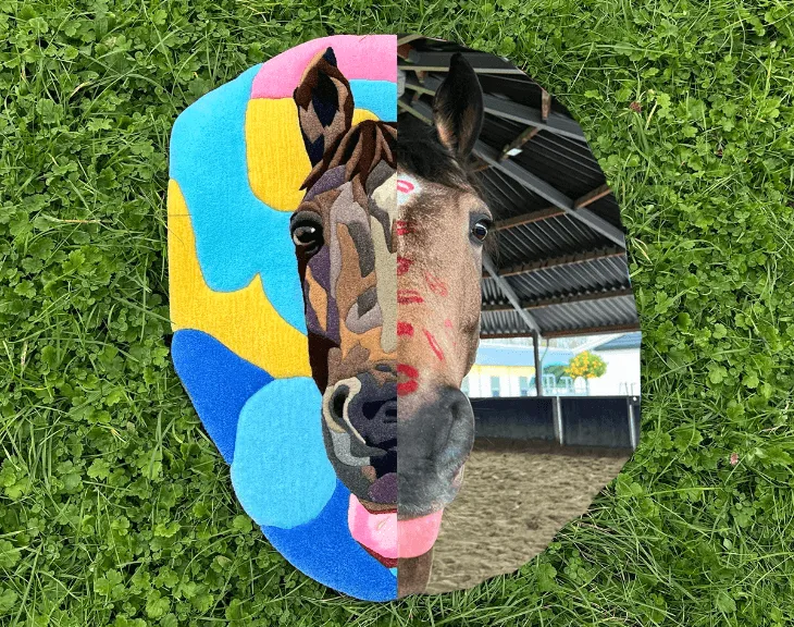 Split view of Prince's photograph and his hand-tufted horse portrait rug