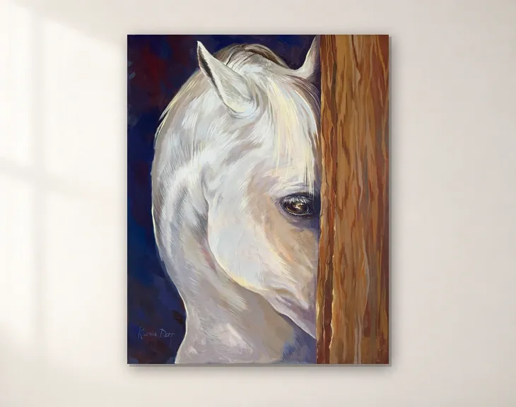 White Lipizzaner partly concealed behind a wooden partition