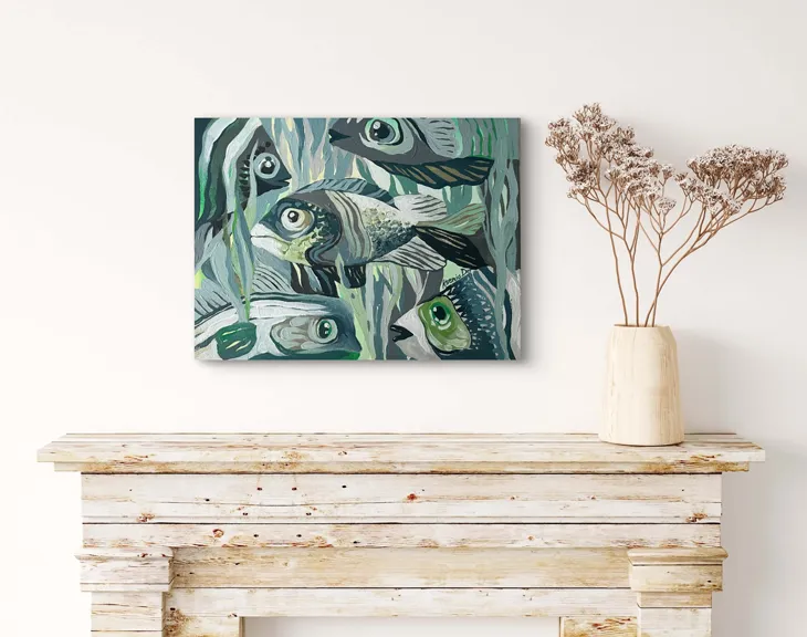 Underwater Symphony displayed above a pale wooden mantel.