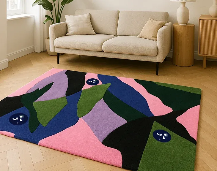 Colorful abstract rug with leaf-like shapes on the floor of a bright living room.