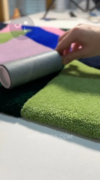 A hand running a lint roller over the pile of a freshly tufted green rug