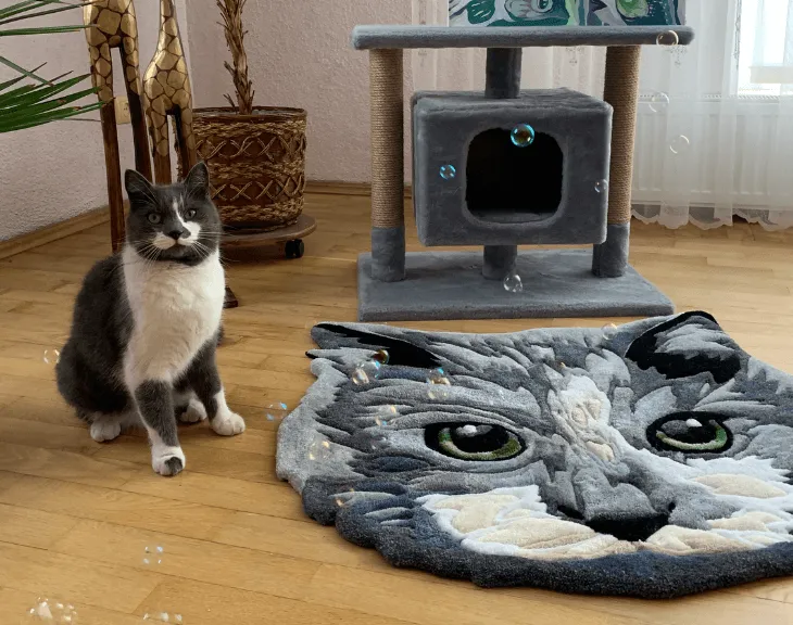 Grey cat sitting beside its portrait rug and scratching post.