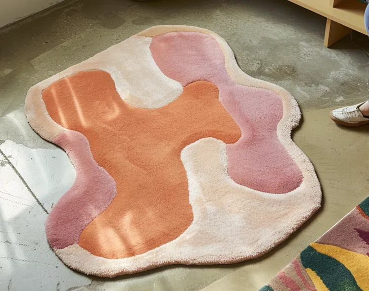 Pink, peach and ivory abstract rug laid on a concrete floor.