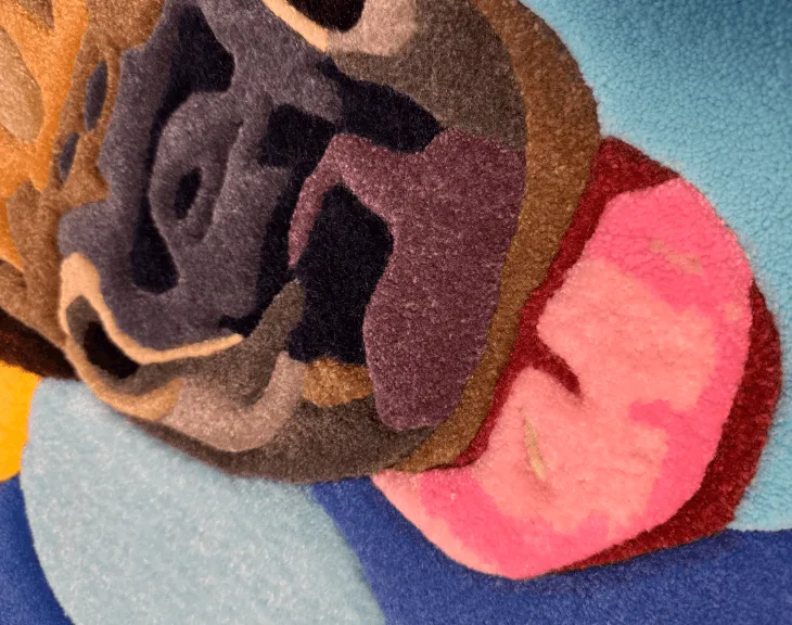 Close-up of the tufted horse muzzle and pink tongue.