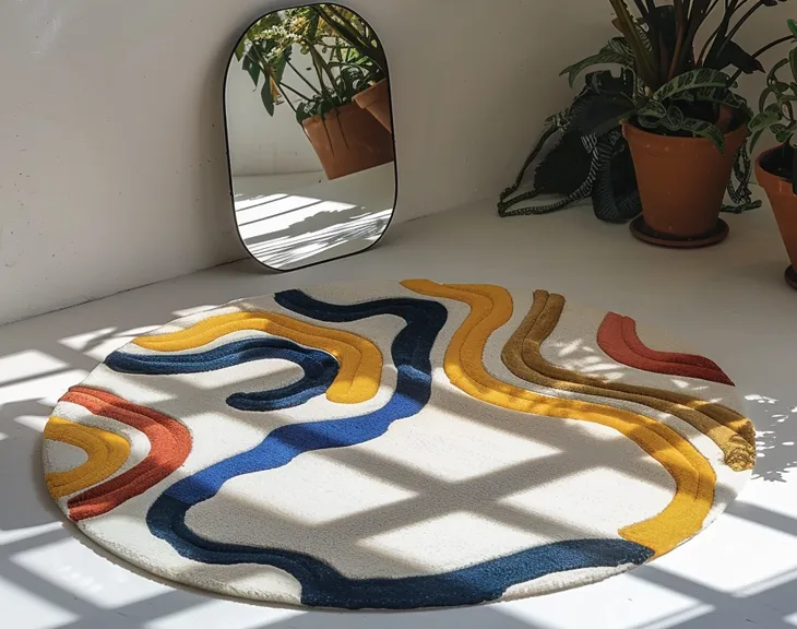 Round mustard, blue and rust-red rug on a sunlit floor beside plants and a mirror.