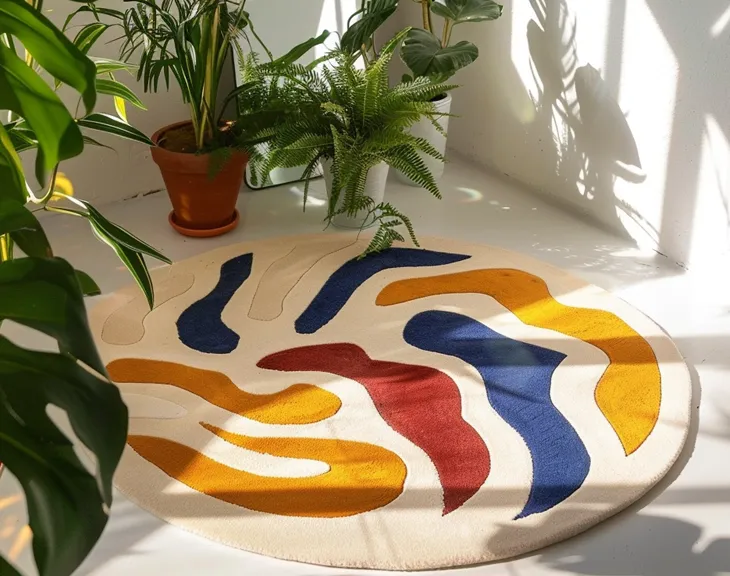 Round mustard, deep-blue and terracotta rug on a sunlit floor among plants.