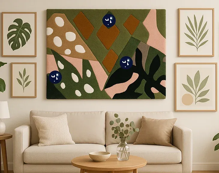 A hand-tufted wall piece in green, terracotta and pink hanging above a sofa in a living room